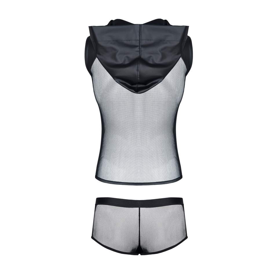 Czarna koszulka bez rękawów z prześwitującej siateczki dla mężczyzn + szorty w komplecie