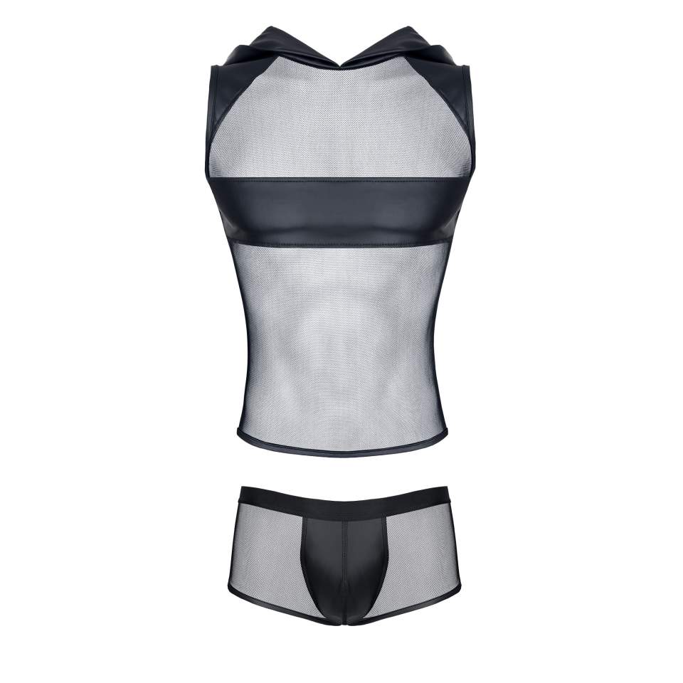 Czarna koszulka bez rękawów z prześwitującej siateczki dla mężczyzn + szorty w komplecie