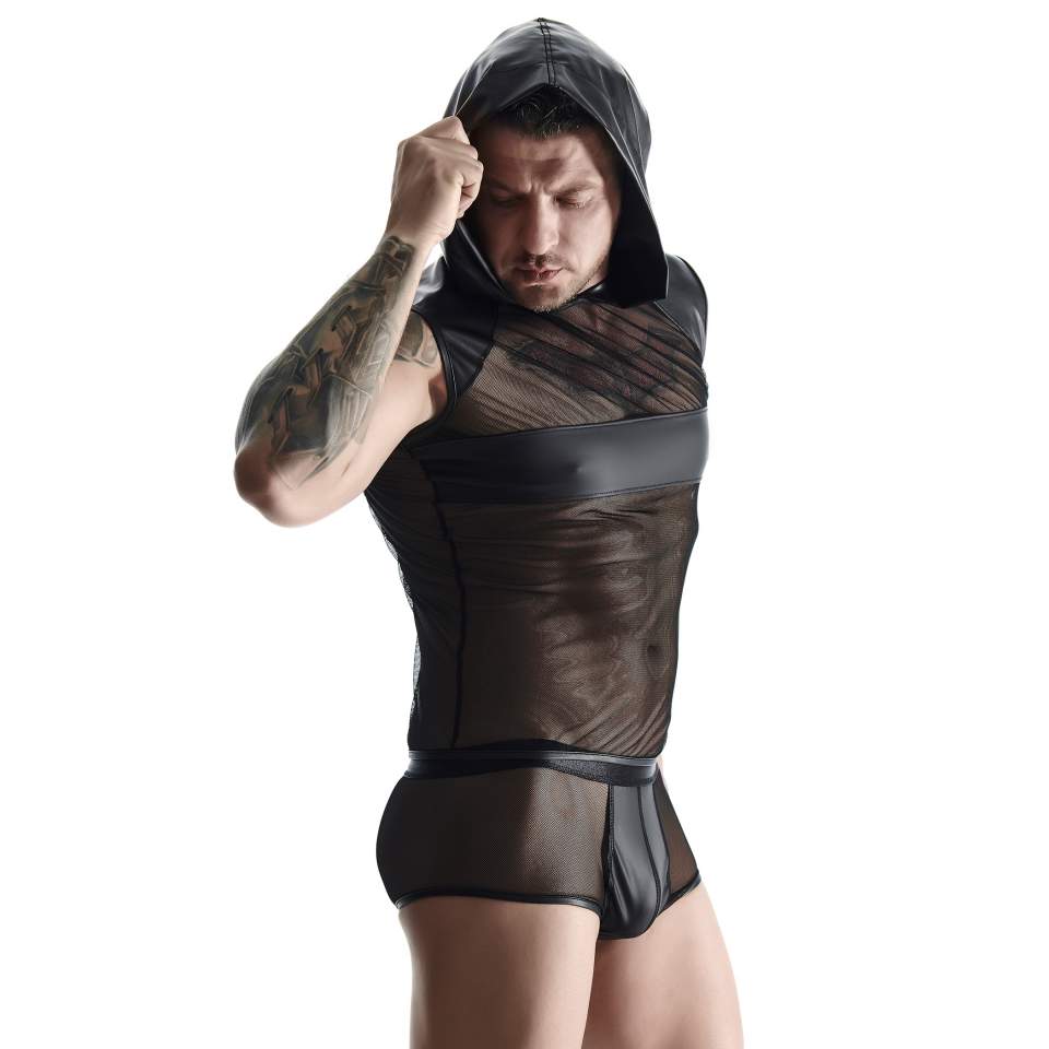 Czarna koszulka bez rękawów z prześwitującej siateczki dla mężczyzn + szorty w komplecie