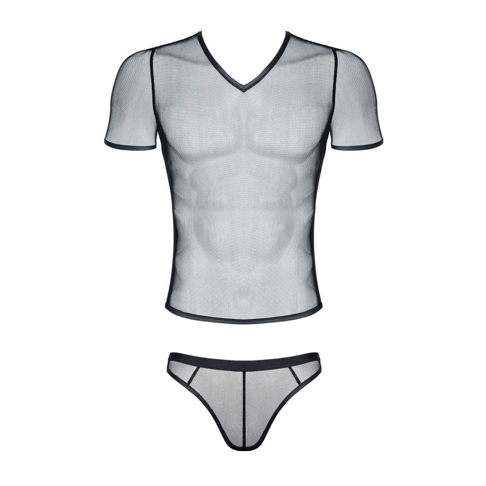 Koszulka w postaci elastycznej, prześwitującej siateczki dla mężczyzn + stringi