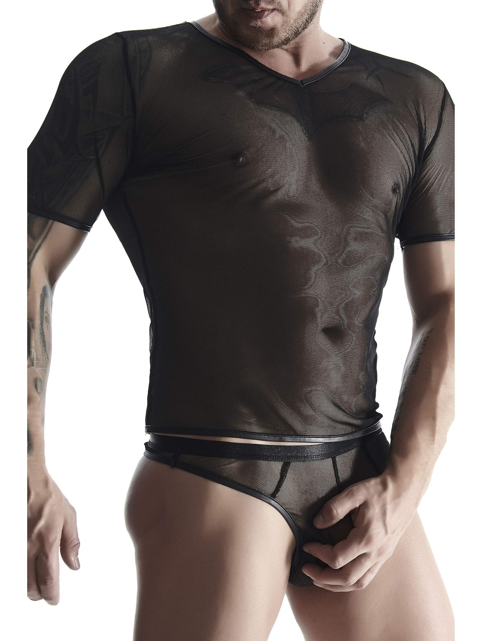 Koszulka w postaci elastycznej, prześwitującej siateczki dla mężczyzn + stringi
