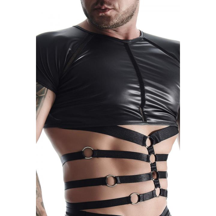Czarny T-shirt dla mężczyzn z wetlooka ze wstawkami z taśmy i gumek + stringi