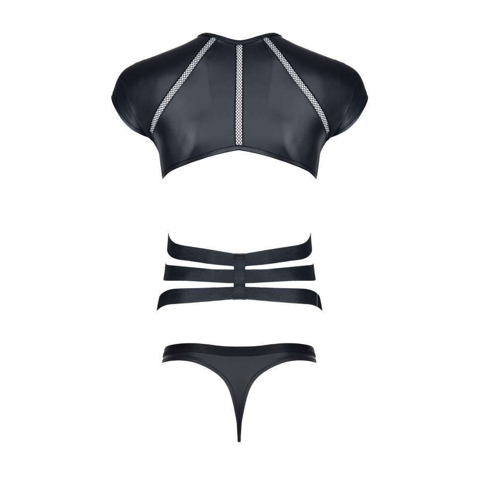 Czarny T-shirt dla mężczyzn z wetlooka ze wstawkami z taśmy i gumek + stringi