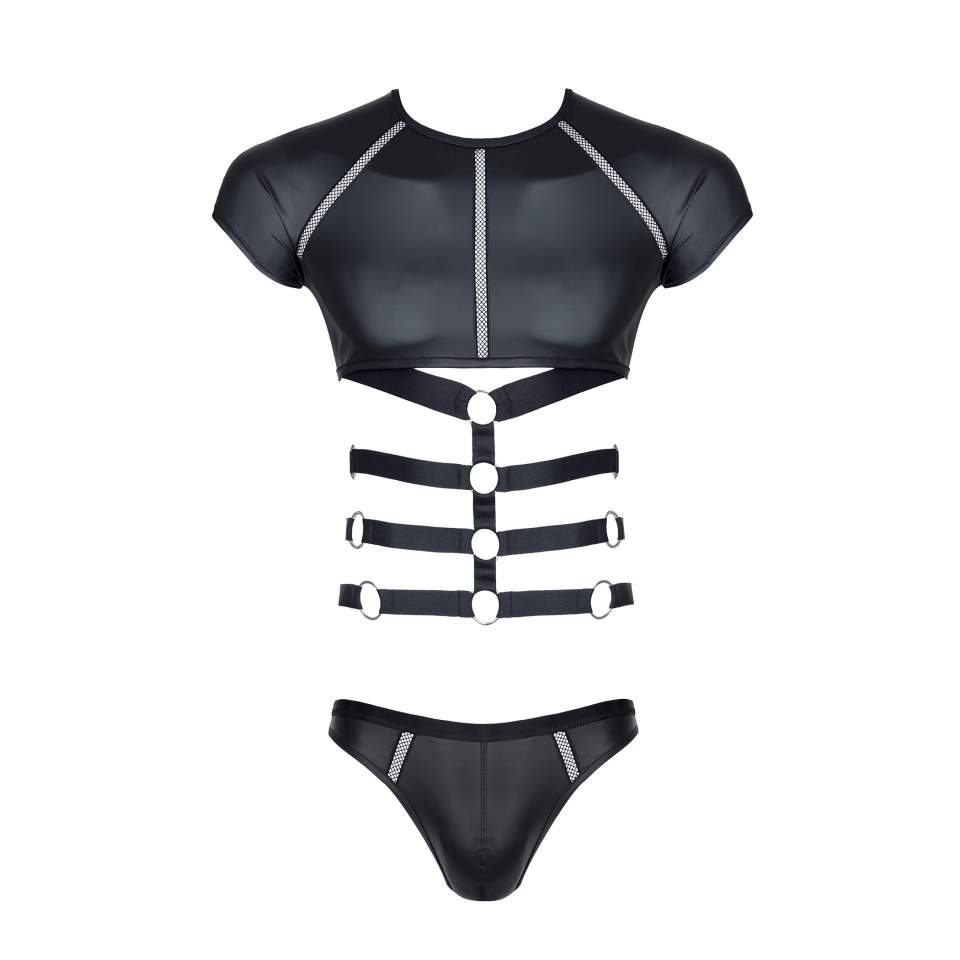 Czarny T-shirt dla mężczyzn z wetlooka ze wstawkami z taśmy i gumek + stringi