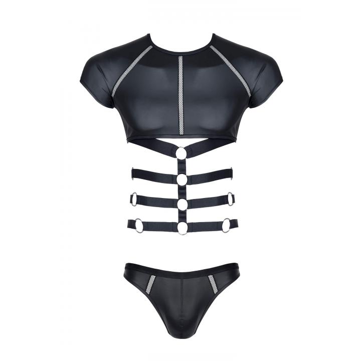 Czarny T-shirt dla mężczyzn z wetlooka ze wstawkami z taśmy i gumek + stringi