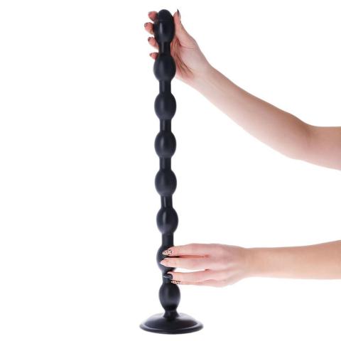 Długi korek analny z kulkami 52 cm czarny z przyssawką