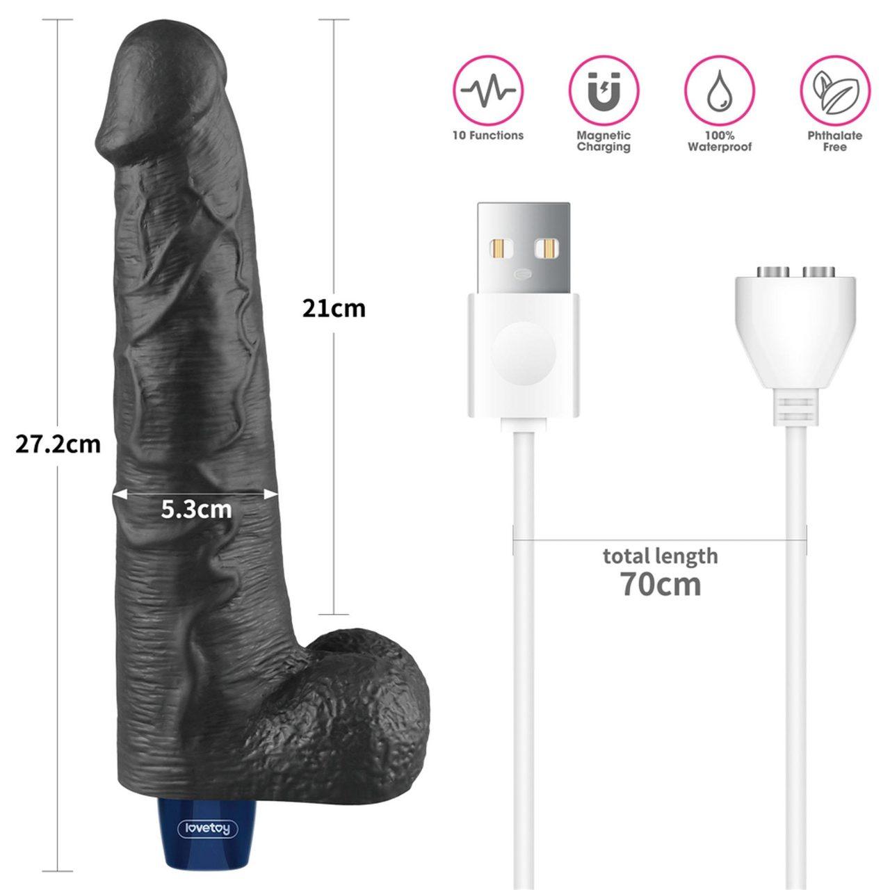 Realistyczne dildo wibrujące TPE 26,3 cm czarne | Ładowanie USB