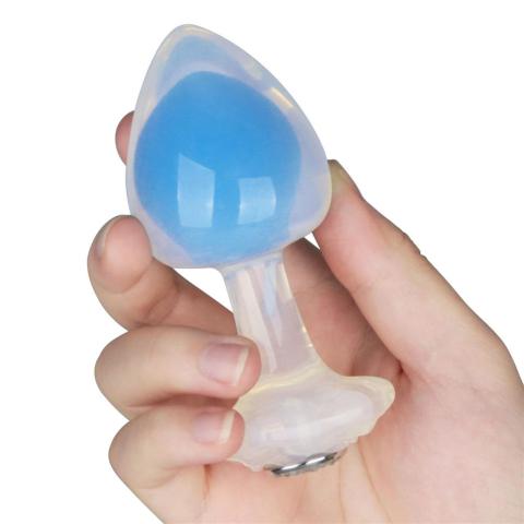 Świecący plug analny niebieski z kulką stalową | Silikon premium