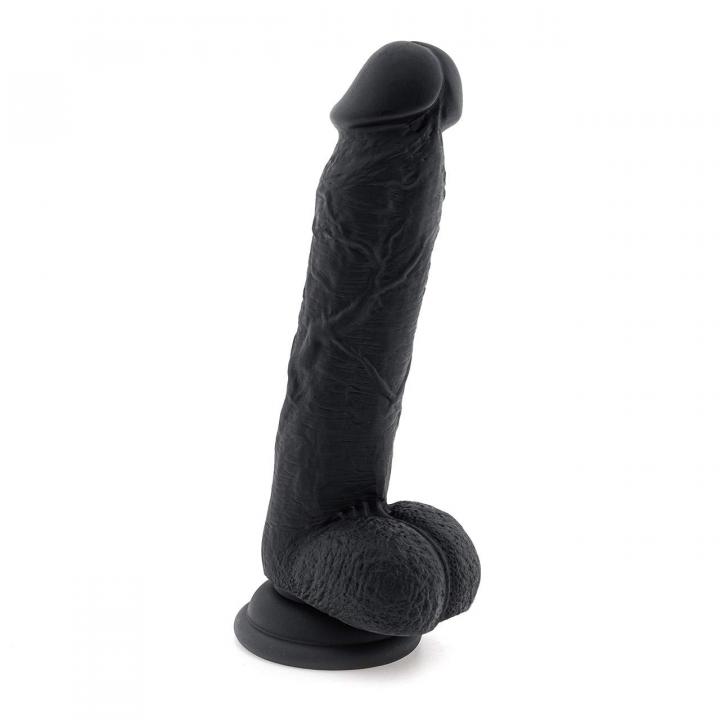 Czarne realistyczne dildo z silikonu z jądrami i przyssawką – 16 cm