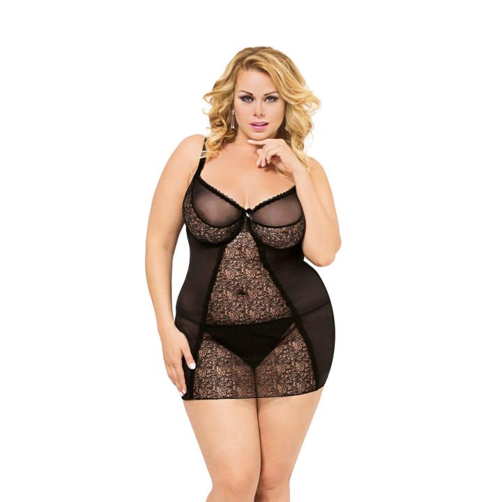 Czarna koszulka nocna babydoll plus size 5XL z koronką i siateczką