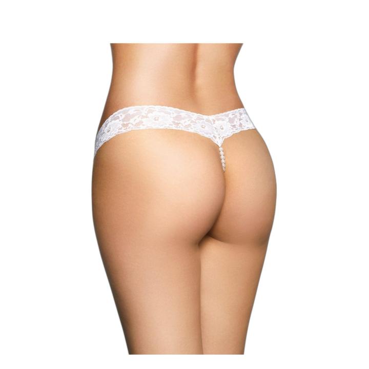 Białe koronkowe stringi open crotch z koralikami S/M | Loris.pl