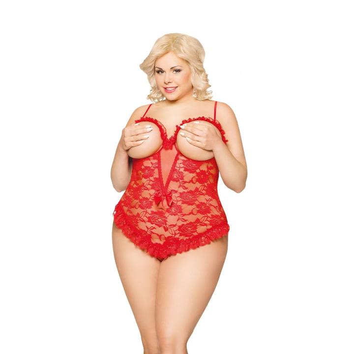 Czerwone koronkowe body plus size 2XL z rękawiczkami | Loris.pl