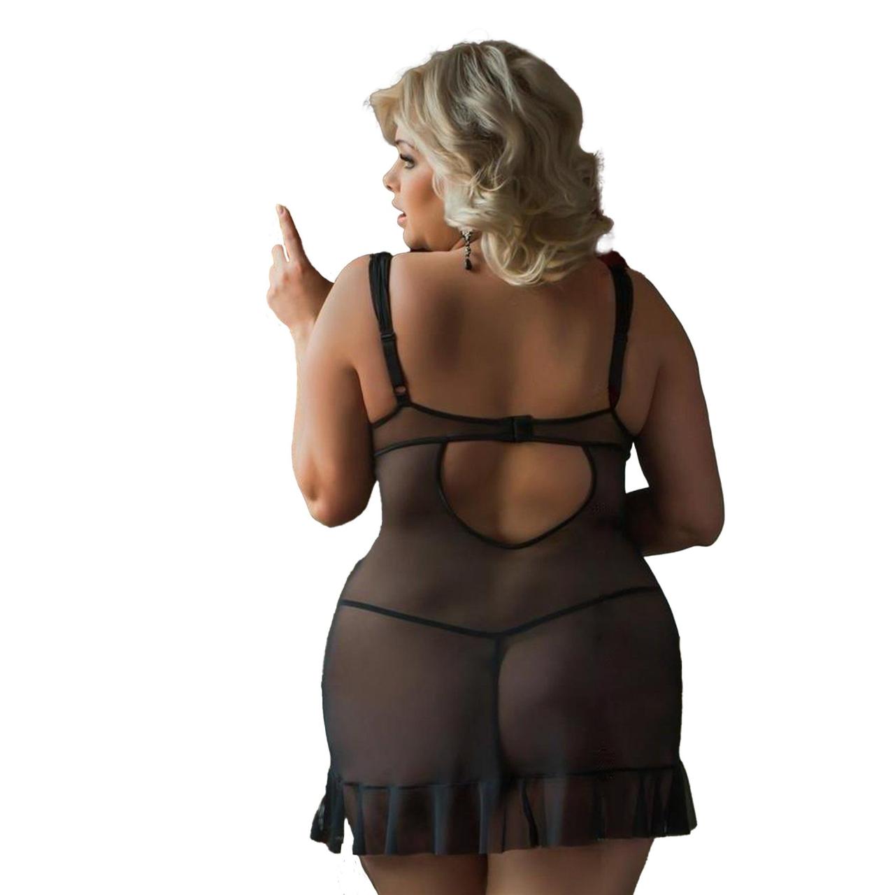 Koszulka nocna babydoll plus size 3XL czarna | koronka i siateczka