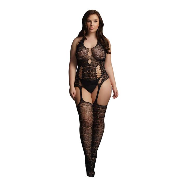 Koronkowe bodystocking plus size XL–4XL z pończochami i halterem | Loris.pl