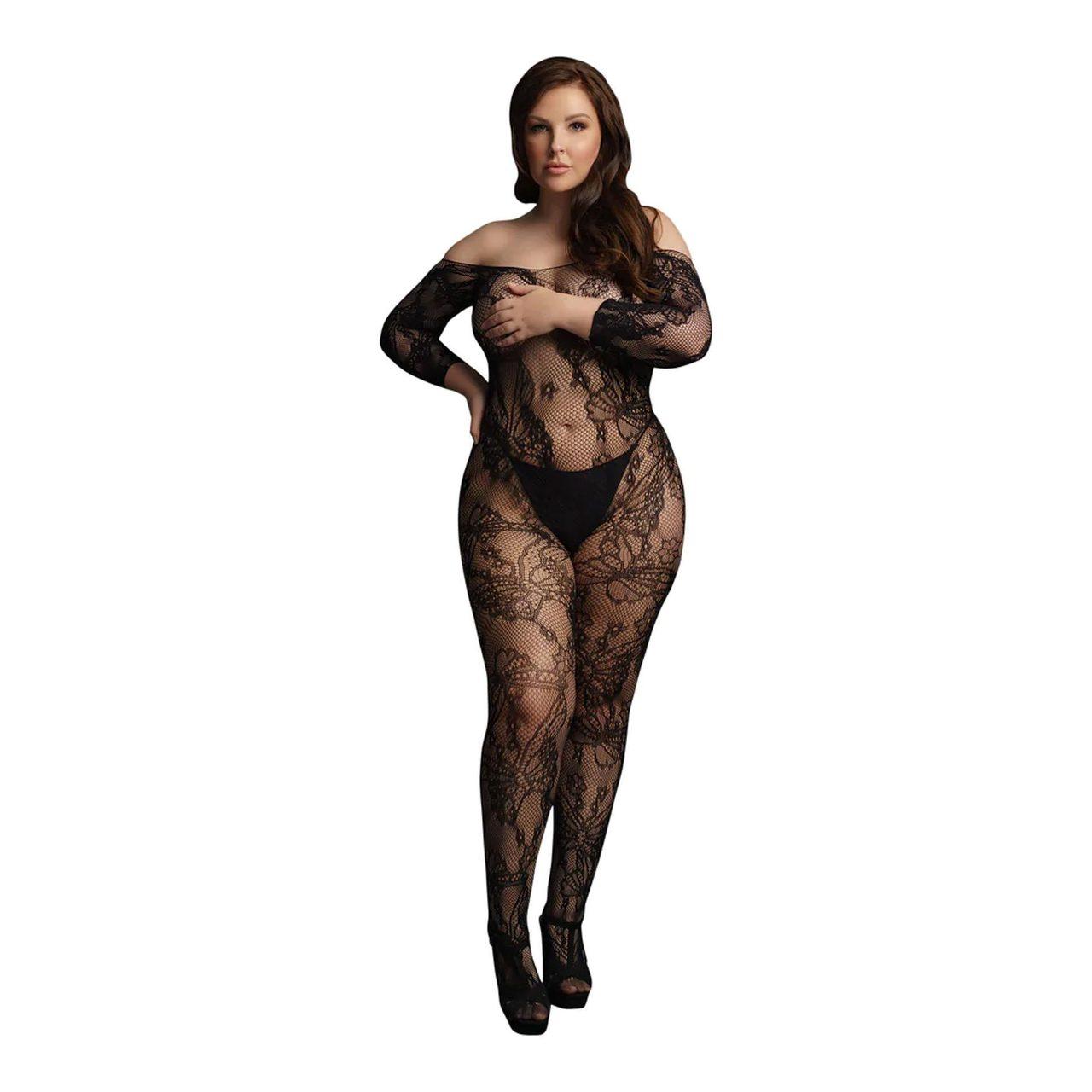 Koronkowy bodystocking plus size XL–4XL z otwartym krokiem | Loris.pl