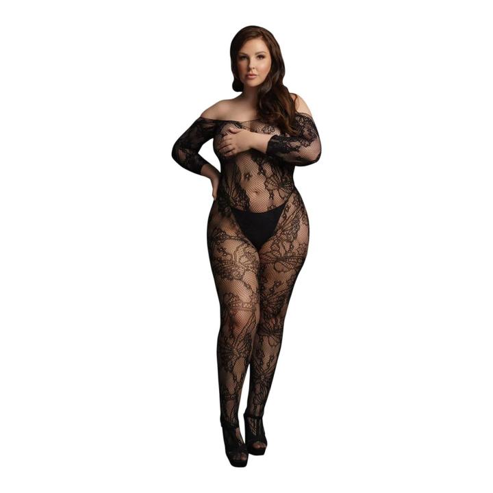Koronkowy bodystocking plus size XL–4XL z otwartym krokiem | Loris.pl