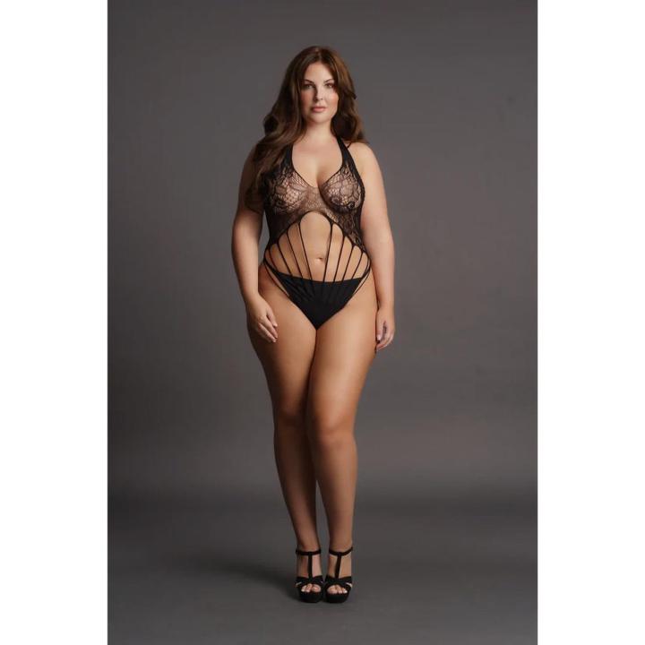 Koronkowe body teddy plus size XXL–5XL z halter dekoltem i paskami