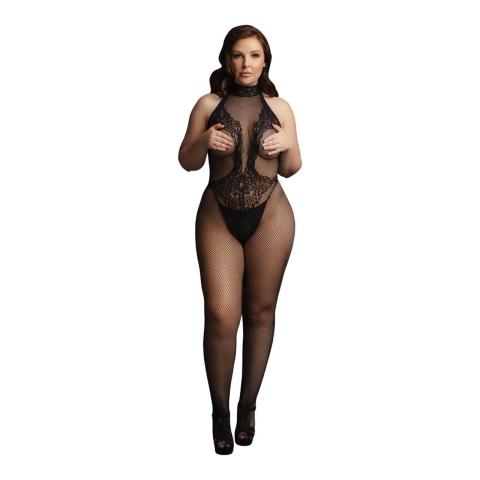 Zmysłowy czarny bodystocking z koronką i siateczką– plus size XL–4XL