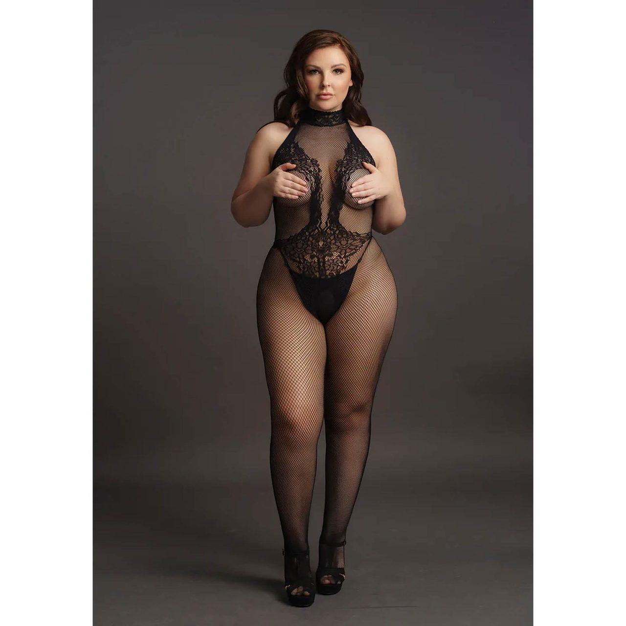 Zmysłowy czarny bodystocking z koronką i siateczką– plus size XL–4XL