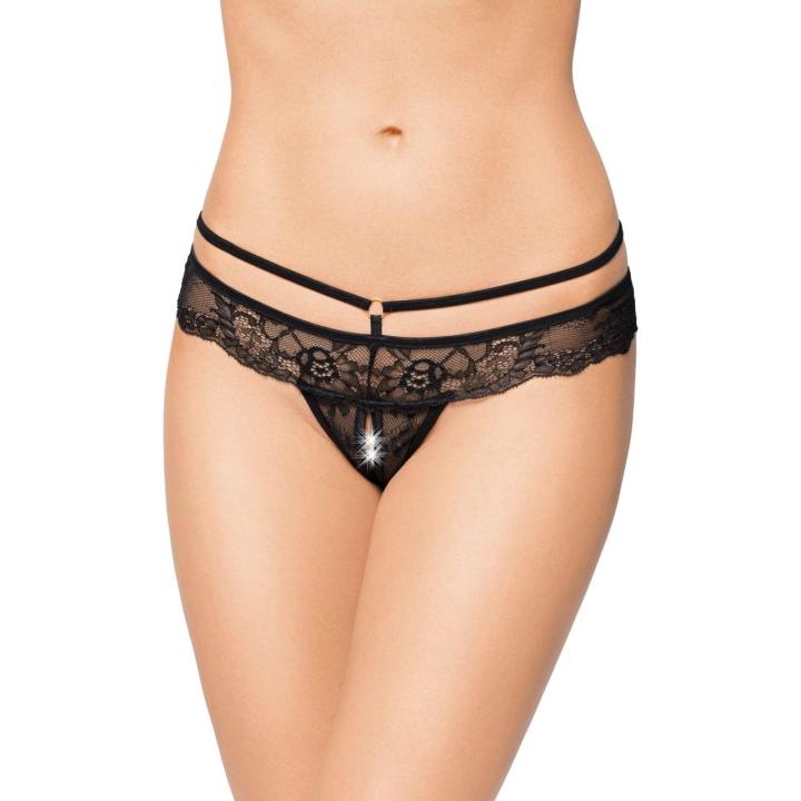 Czarne koronkowe stringi z wycięciem w kroku S/M - zmysłowa bielizna