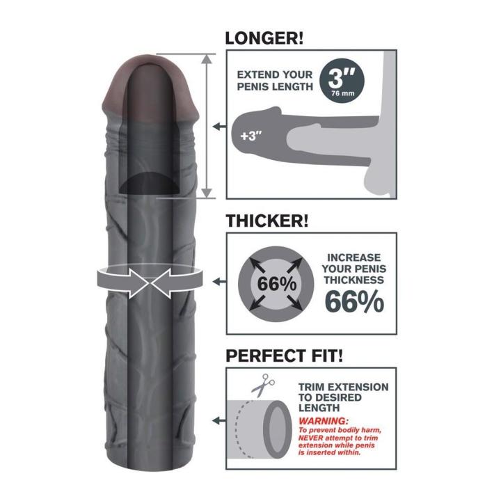 Przedłużka na penisa 7,6 cm ciemna – pogrubienie 66% i żyłkowana faktura