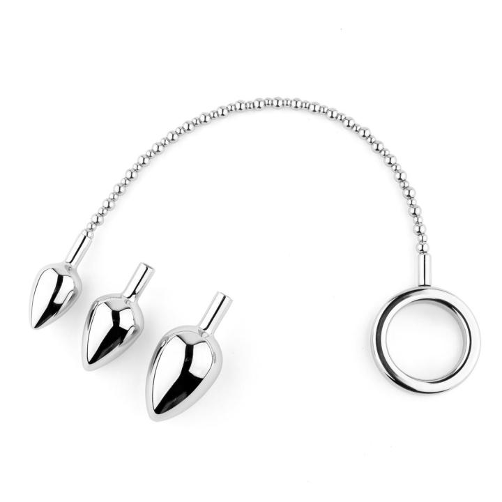 Stalowy korek analny na łańcuszku 43 cm + 3 końcówki | Loris.pl