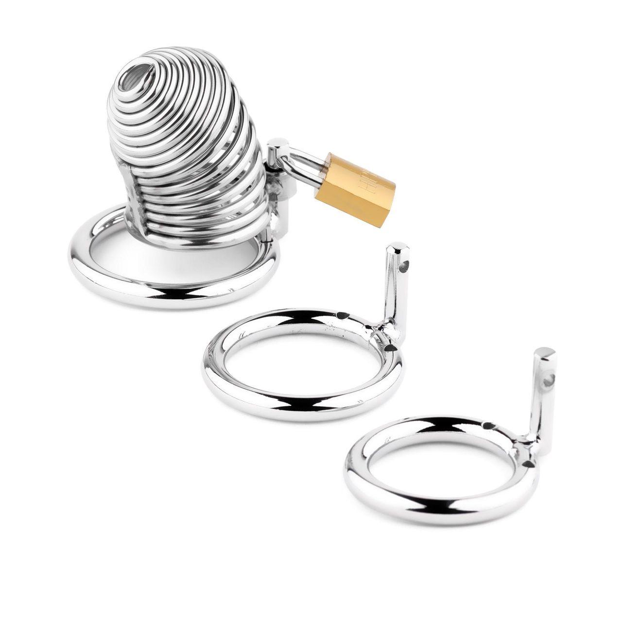 Stalowa klatka na penisa krótka z kłódką i 3 pierścieniami | Loris.pl