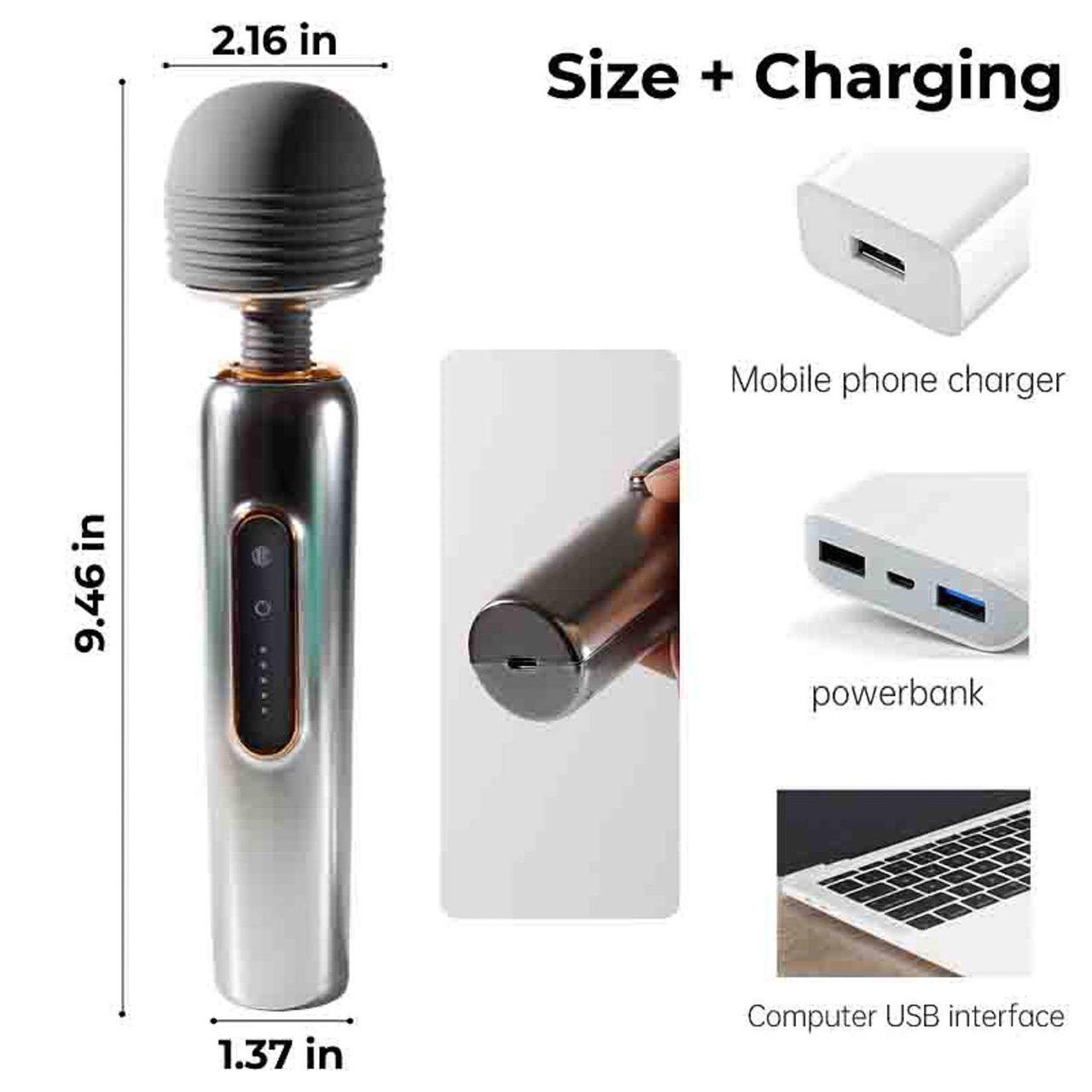 Metaliczny masażer wand USB z regulowaną głowicą i 5 wibracjami | Loris.pl