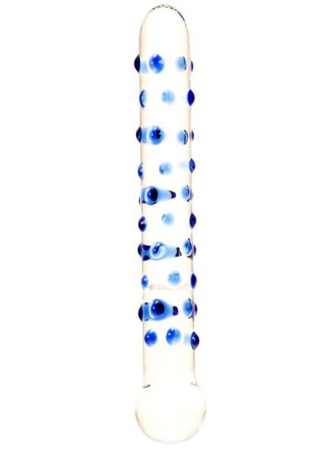 Podwójne szklane dildo z niebieskimi wypustkami – 18 cm