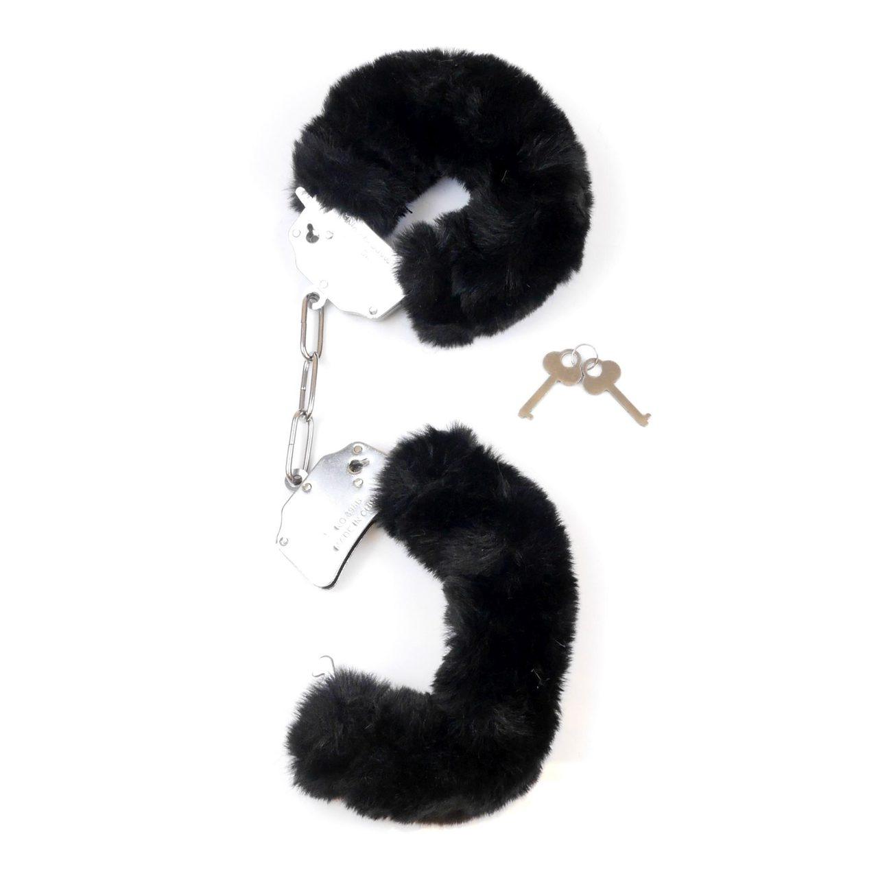 Czarne kajdanki BDSM z pluszem i łańcuszkiem | Loris.pl