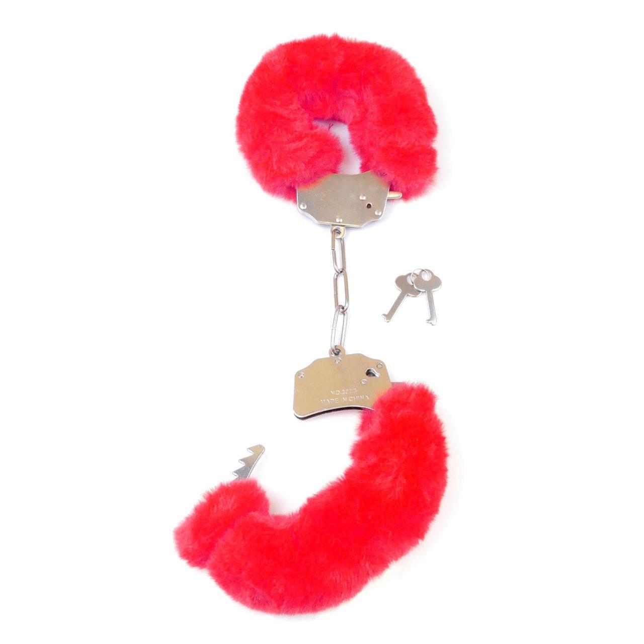 Czerwone pluszowe kajdanki BDSM regulowane – stalowe | Loris.pl