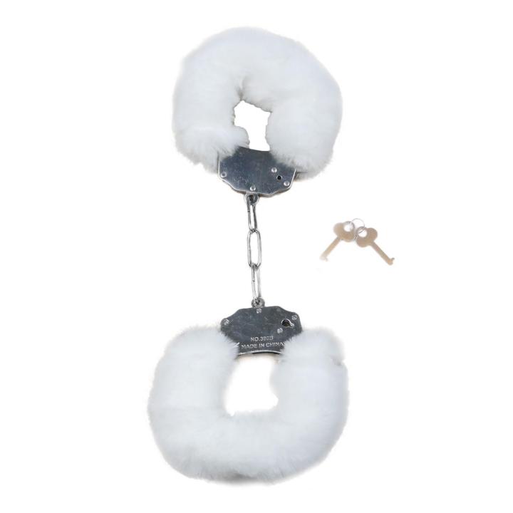 Białe kajdanki BDSM z pluszem – stalowe, regulowane | Loris.pl