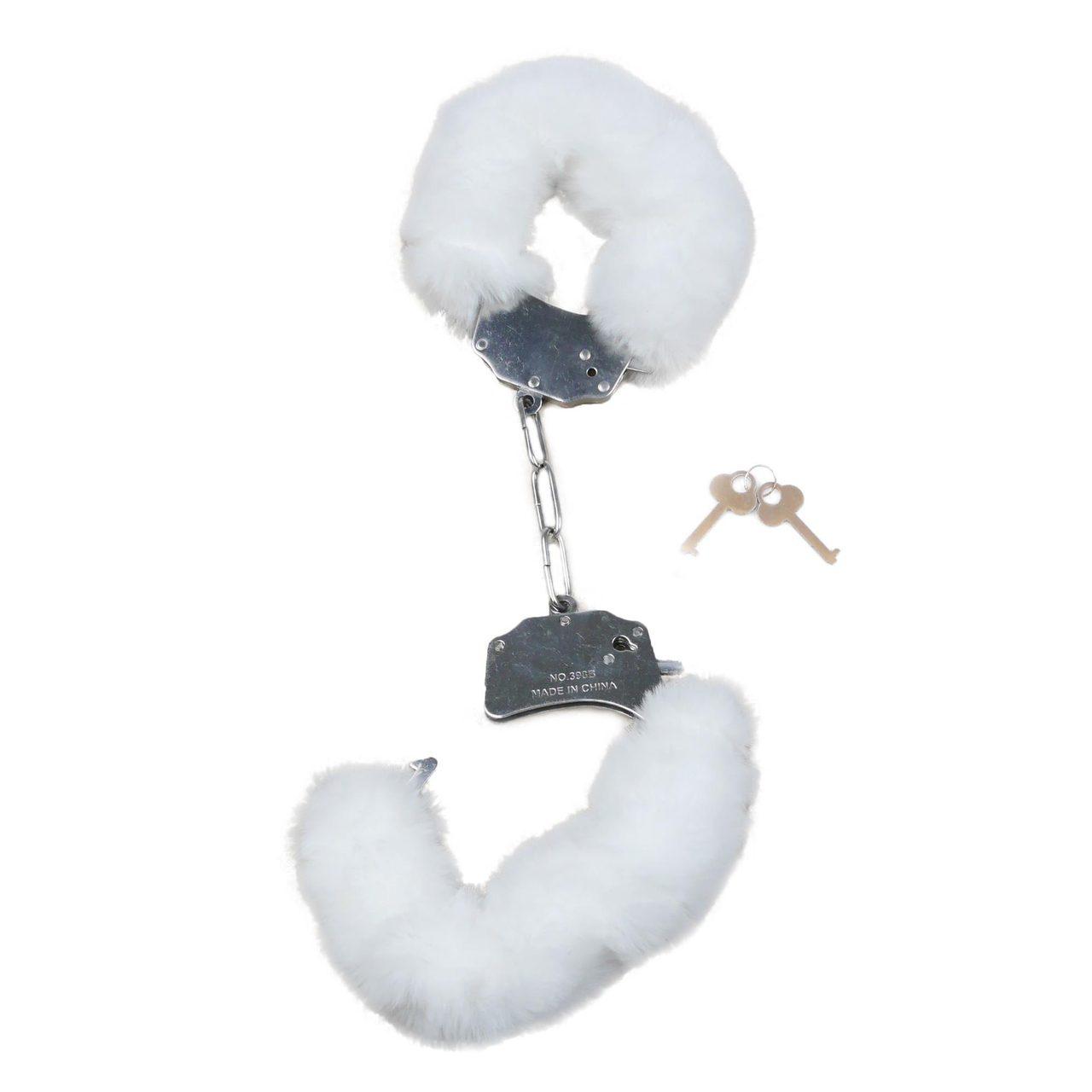 Białe kajdanki BDSM z pluszem – stalowe, regulowane | Loris.pl