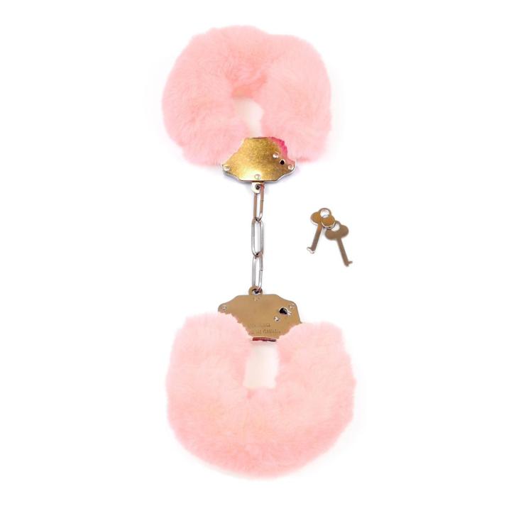 Różowe kajdanki BDSM z pluszem i łańcuszkiem – regulowane | Loris.pl