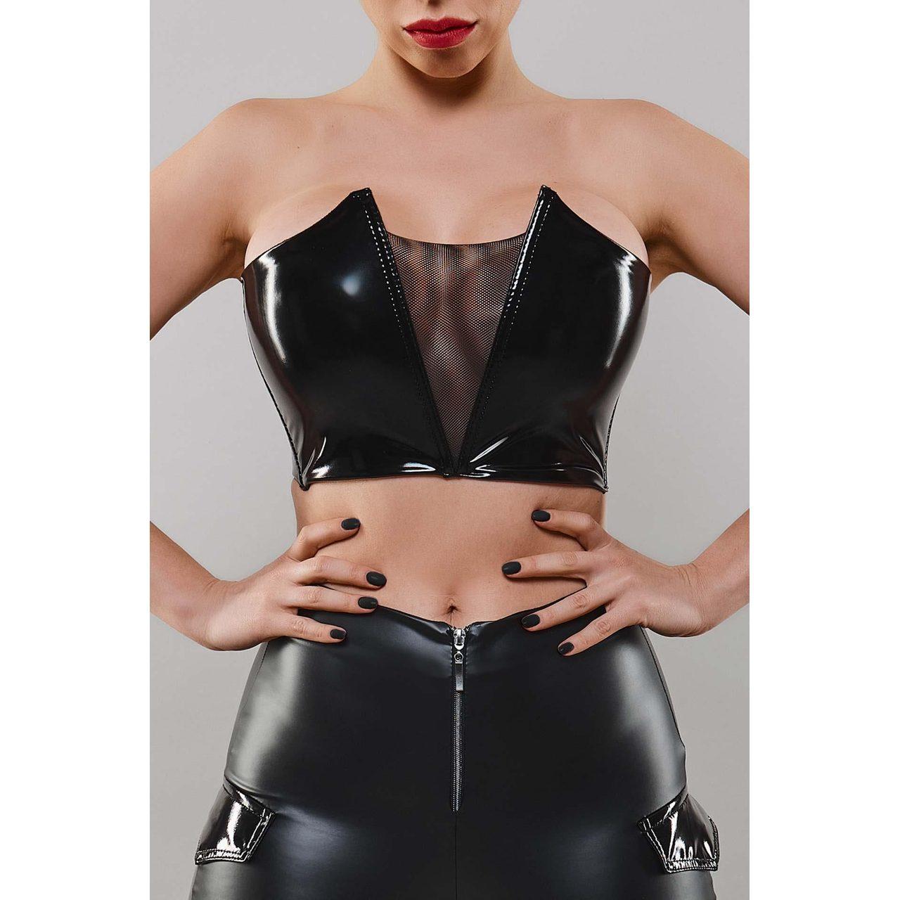 Winylowy top z siateczką i fiszbinami czarny S | Loris.pl