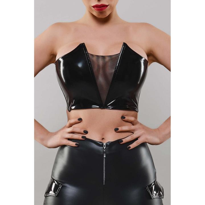 Winylowy top z siateczką i fiszbinami czarny S | Loris.pl