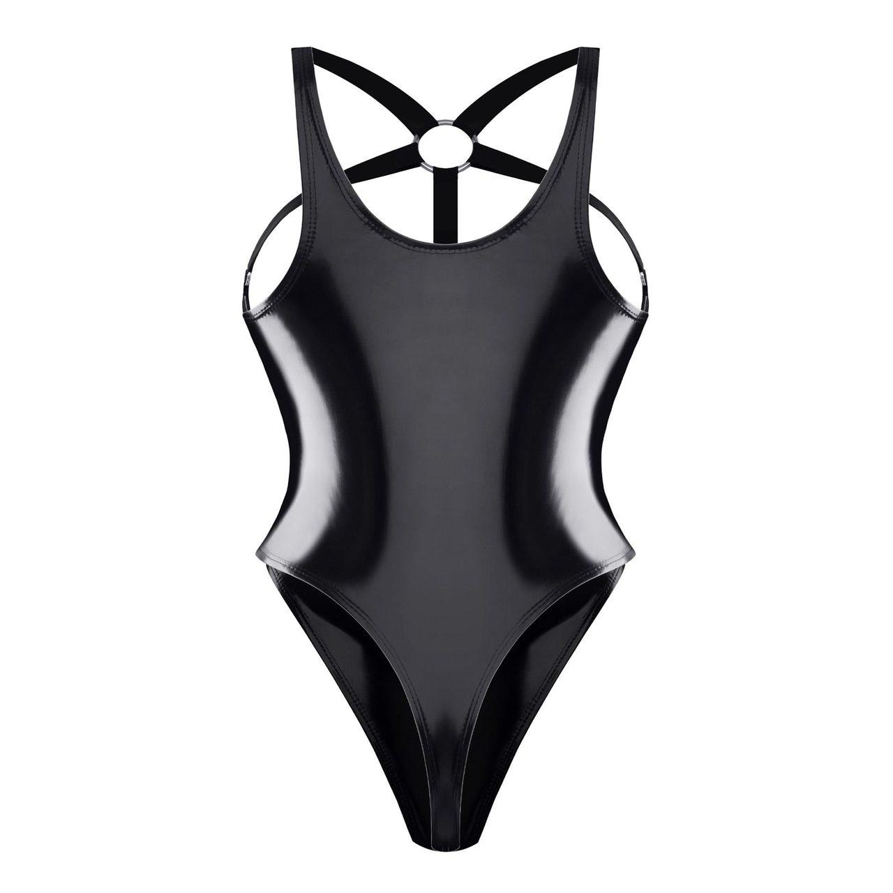 Czarne winylowe body z gumkami i srebrnym kółkiem | Loris.pl