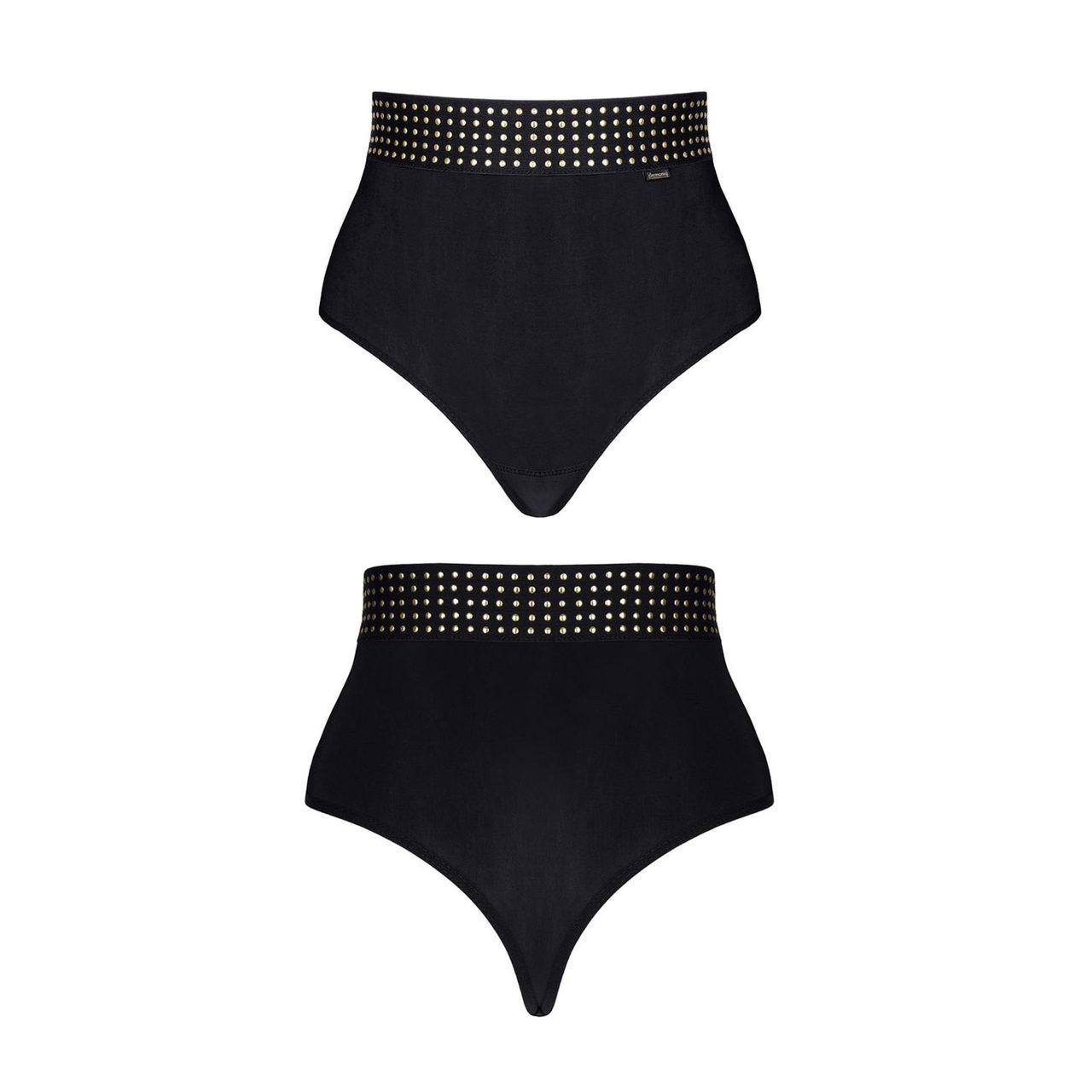 Czarne stringi z wysokim stanem i złotymi detalami | Loris.pl