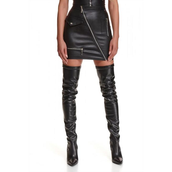 Czarna mini spódniczka z ekoskóry z zamkami | Loris.pl