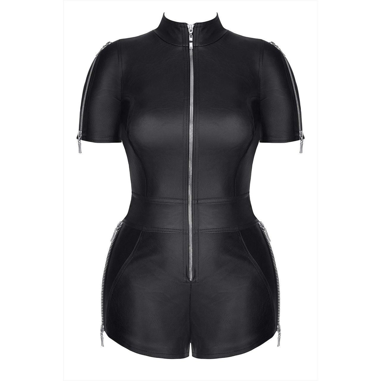 Czarny kombinezon z ekoskóry z zamkami militarny | Loris.pl