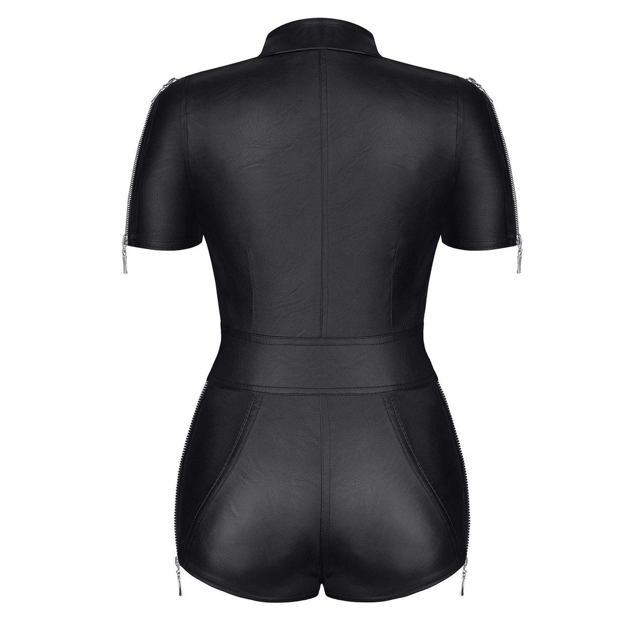 Czarny kombinezon z ekoskóry z zamkami militarny | Loris.pl