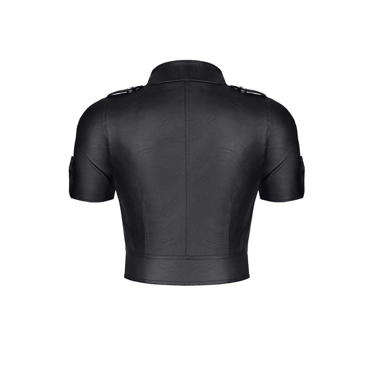 Czarny top z ekoskóry militarny z zamkiem i wycięciem | Loris.pl