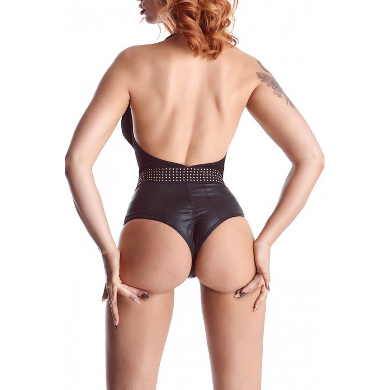 Czarne body wetlook i dzianina – elegancki dekolt i ozdobny pas | Loris.pl