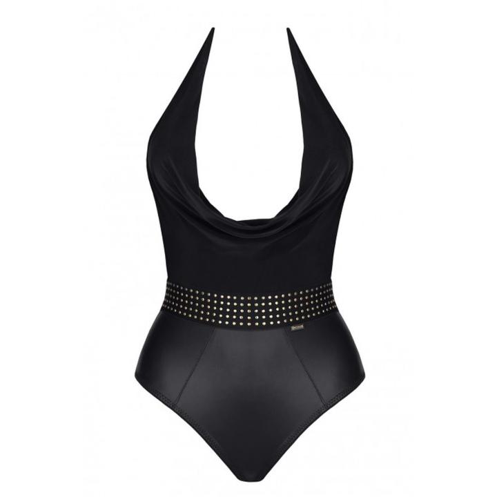 Czarne body wetlook i dzianina – elegancki dekolt i ozdobny pas