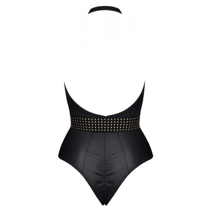 Czarne body wetlook i dzianina – elegancki dekolt i ozdobny pas