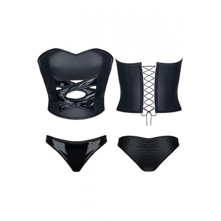 Czarny gorset z ekoskóry i panty – komplet bielizny | Loris.pl