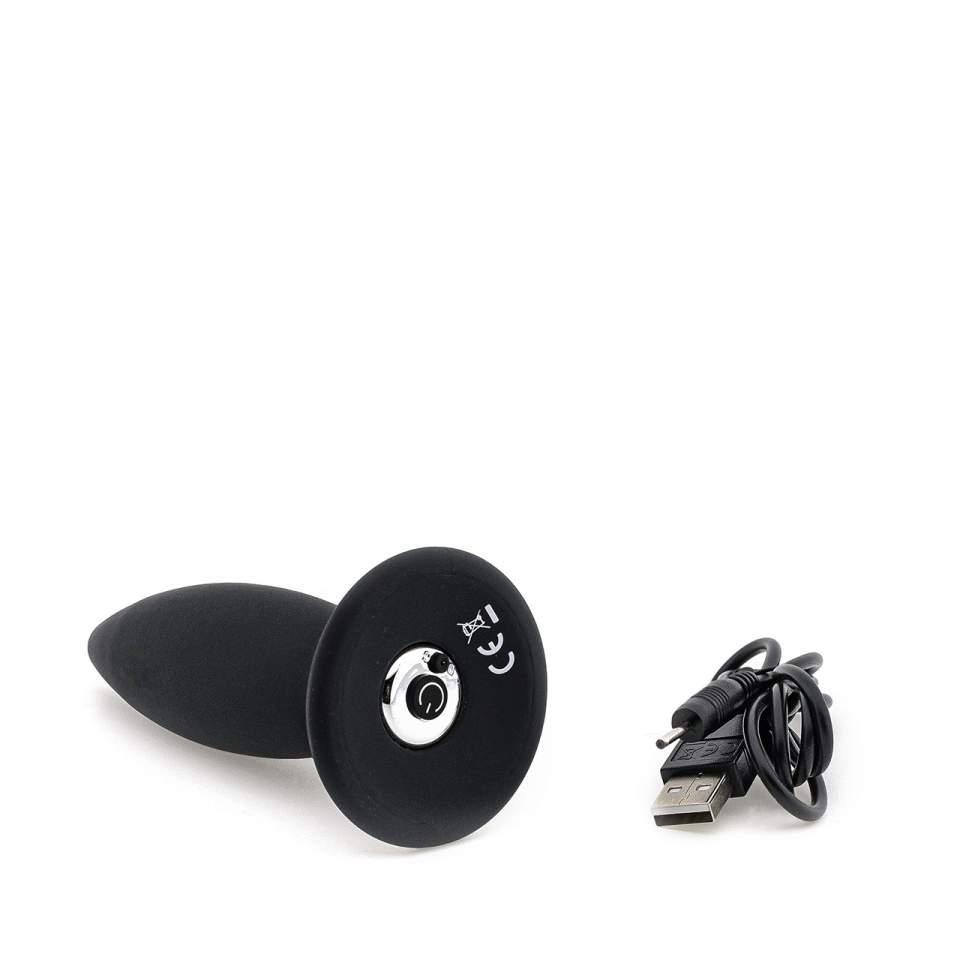 Czarny wibrujący korek analny z silikonu o aksamitnej powłoce, ładowany przez kabel USB - 11 cm