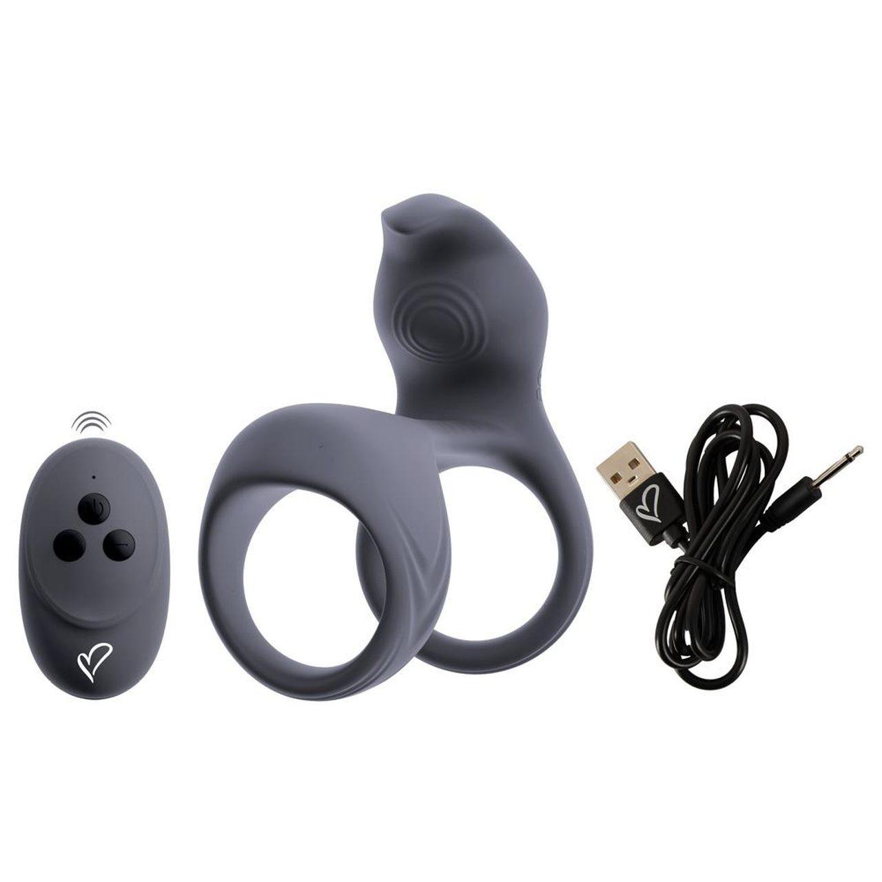 Podwójny pierścień wibrujący z pilotem i stymulatorem łechtaczki | Loris.pl