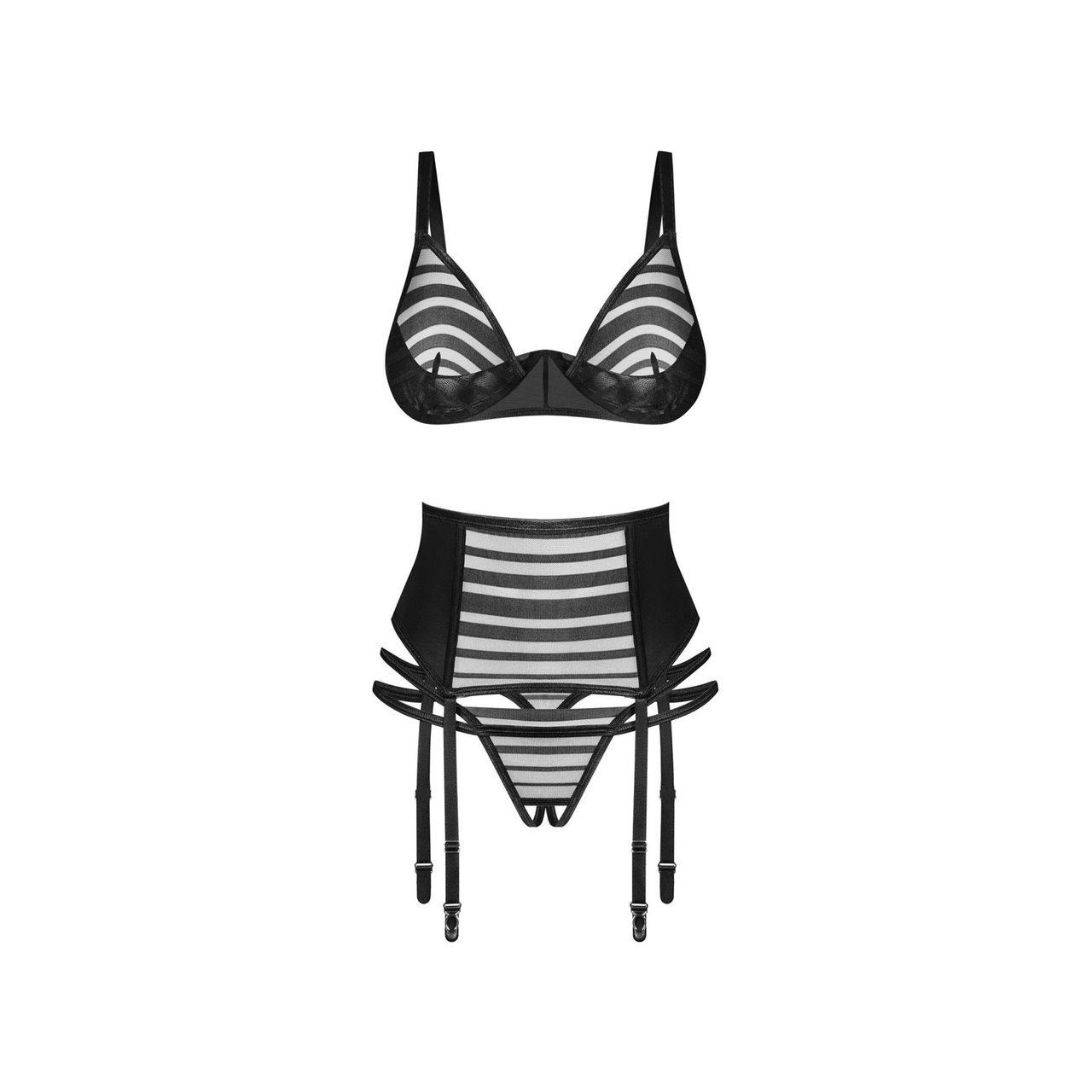 Czarny komplet bielizny 3-częściowy z pasem do pończoch | Loris.pl