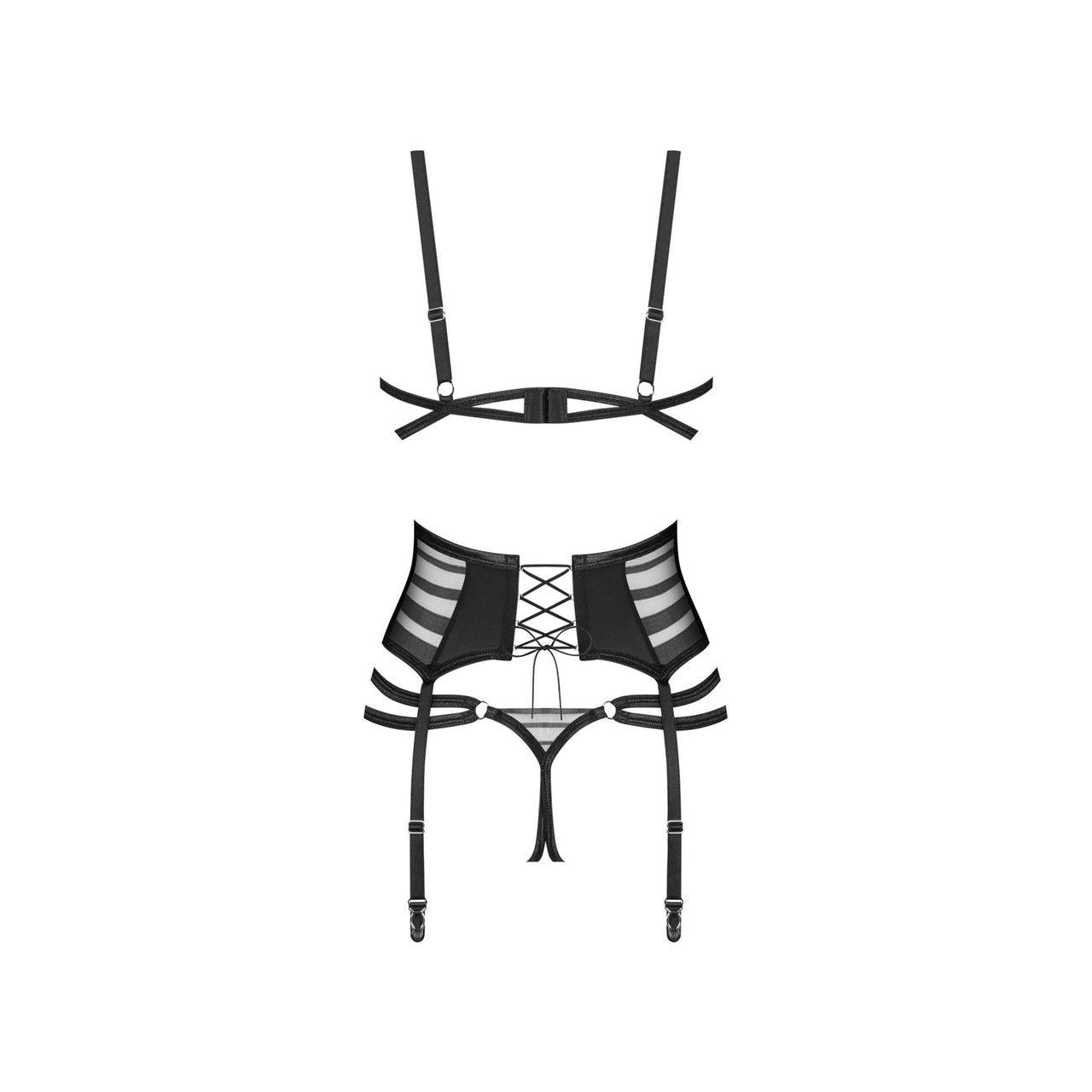 Czarny komplet bielizny 3-częściowy z pasem do pończoch | Loris.pl